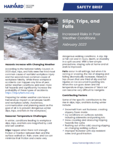 A safety brief page titled "Slips, Trips, and Falls" from Harvard Protection Services discusses increased risks in poor weather conditions, highlighting the impact of changing weather on accidents. It offers preparation tips for security guard personnel and advice on maintaining safe workspaces.
