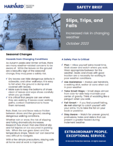 Safety brief from Harvard Protection Services titled "Slips, Trips, and Falls: Increased Risk in Changing Weather" for October 2023. Includes sections on seasonal changes, a safety plan, and a reminder about our exceptional hospitality services. Background features a snowy ground scene.