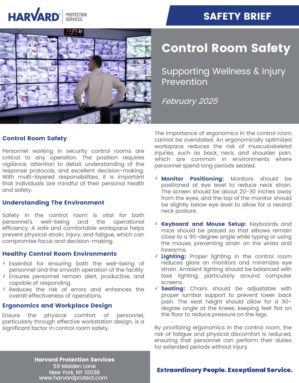 Safety brief on control room wellness and injury prevention, featuring ergonomic guidelines.