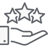 Group-14193@2x Outlined hand holding three stars, with the center star filled in, representing quality or rating.